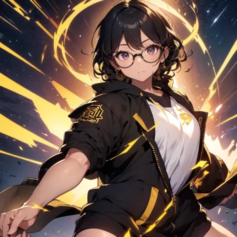 Male He has the power of light with curly hair wearing glasses and a black and gold Gemini sweatshirt 