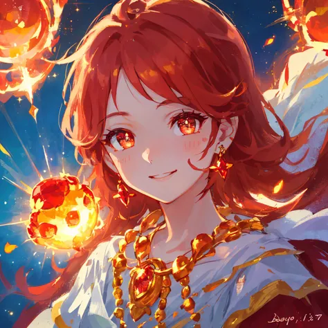 1 girl masterpiece, highest quality, shape,A smile like the sun, Ruby eyes and hair, Ruby earrings, Ruby necklace, flame, fire fairy, cute, (dynamic lighting:1.2), cinematic lighting, delicate features, fine eyes, sharp pupils, realistic student, written b...