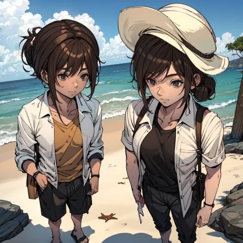 Man in beach clothes with shirt, brown hair ponytail, Fishermans Hat, fully body