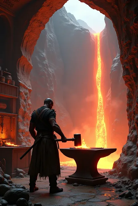 Hollowed out Volcanic mountain flowing lava falls blacksmith forge inside the mountain Anvil blacksmith hammer