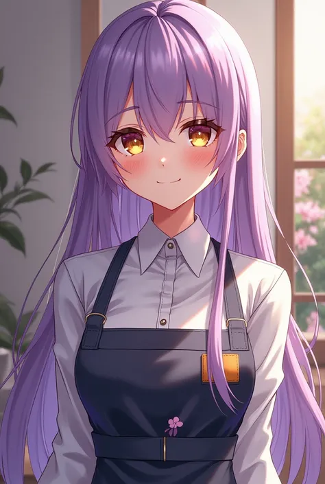 a beautiful girl, long soft lilac hair, amber eyes, big breasts, Estilo Genshin Impact, anime, Art teacher, teacher attire, paint stained apron, calm and smiling expression, yellow eyes 