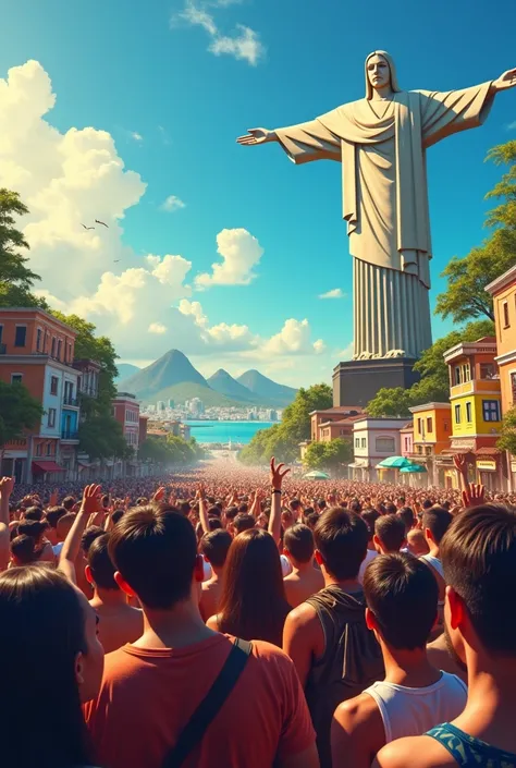 Create a slogan with this theme:
Rock in Rio the Culture of the World, the Soul of the Brazilian.
In the background, Christ the Redeemer and popular mansions with a crowd looking forward 
