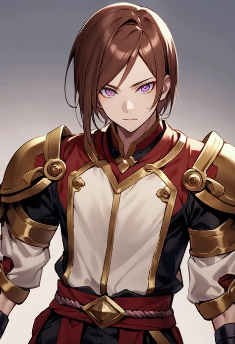 Tsukasa has reddish brown hair., smooth and medium length, V-shaped bangs covering your forehead and side bangs. He has fair skin and lilac eyes.. He is of average height and build.