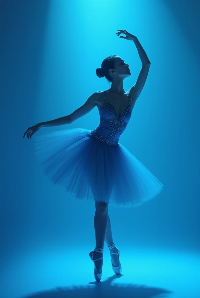 beautiful classical ballet dancer in a semi-sensual studded blue dress, clothes without sensuality blue background blue background blue place everything blue with lighting 