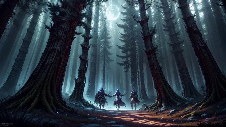 Prompt 1: The Battle Preparation (World of Warcraft Style) Description: A dark, mystical forest at night, lit by a crescent moon. Heavily armored characters, resembling heroes from World of Warcraft, prepare for battle. Their armor is ornate, oversized, an...