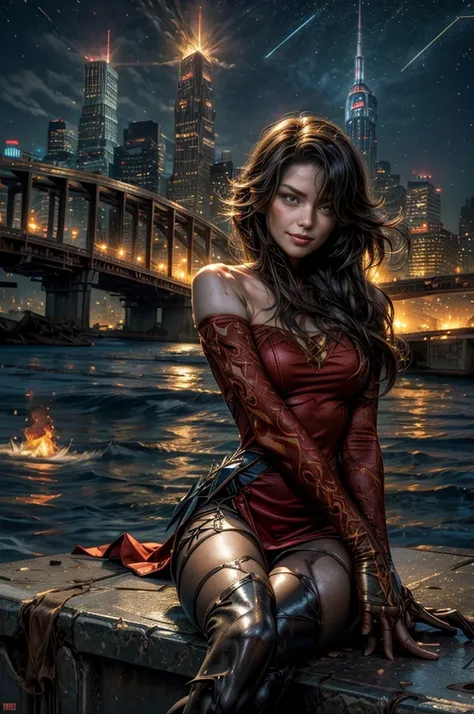 (masterpiece, best quality:1.2), cowboy shot, solo, 1girl, cinder fall, looking at viewer, long hair, red dress, elbow gloves, pantyhose, dynamic pose, sitting near wrecked bridge, wrecked skyscrapers, holding fire, night, stars, evil smile, post-apocalyps...