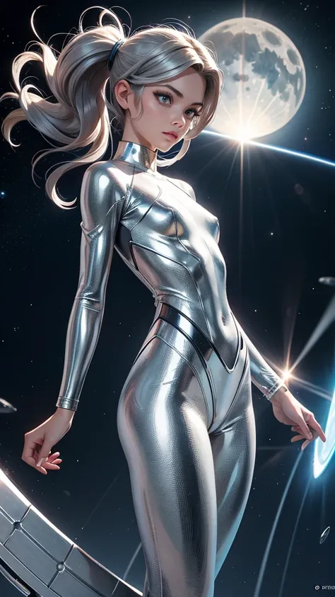 Silver Surfer, (Marvel comics), sexy girl, piel de mercurio líquido, powerful, Mercury skin, piel plateada, cuerpo plateado, silver face, silver skin, silver body, naked, Young, skynny body, small and beautiful silver buttocks, toned silver abdomen, small ...