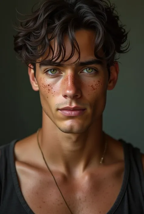 A young brown man with freckles on his face, with a penetrating gaze, serious expression, green eyes and short curly hair, com defined and male physique