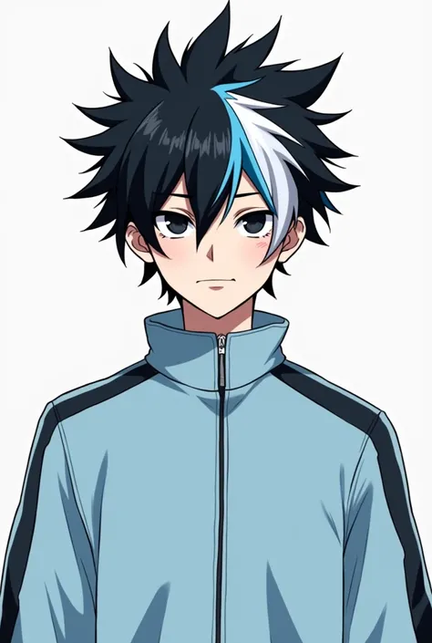 A discord profile picture of a guy with black hair with a white and blue streak and a light blue tracksuit with black eyes