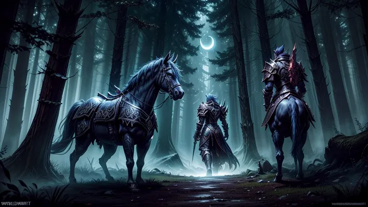 Prompt 1: The Battle Preparation (World of Warcraft Style) Description: A dark, mystical forest at night, lit by a crescent moon. Heavily armored characters, resembling heroes from World of Warcraft, prepare for battle. Their armor is ornate, oversized, an...