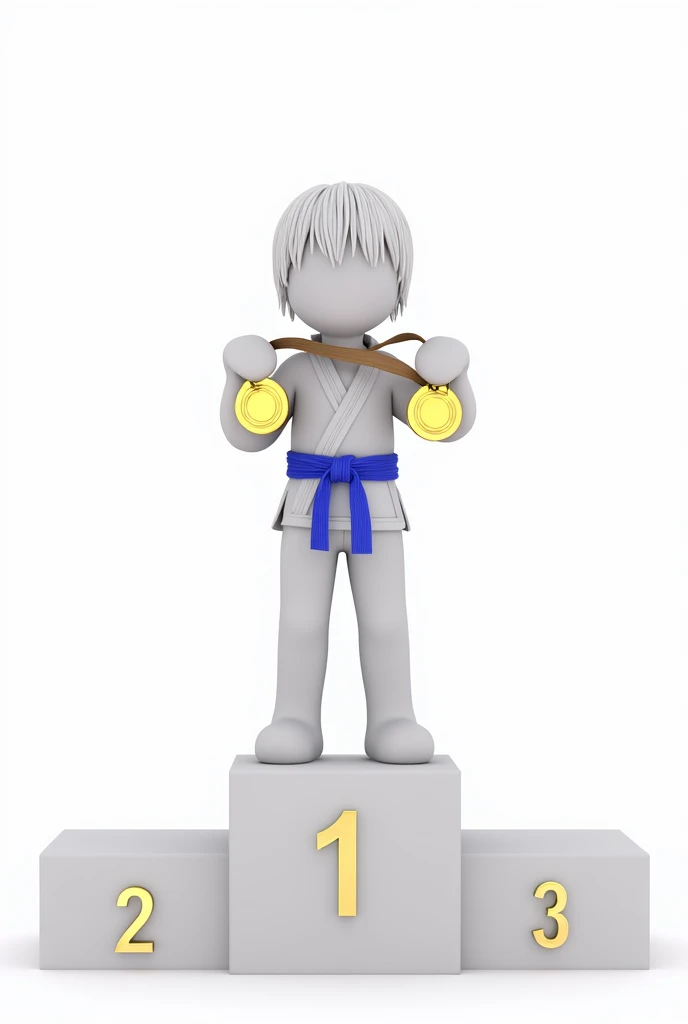 White  with straight hair on podium 1st place 2nd place 3rd place in karate blue belt holding 2 gold medals with a white screen in the background
