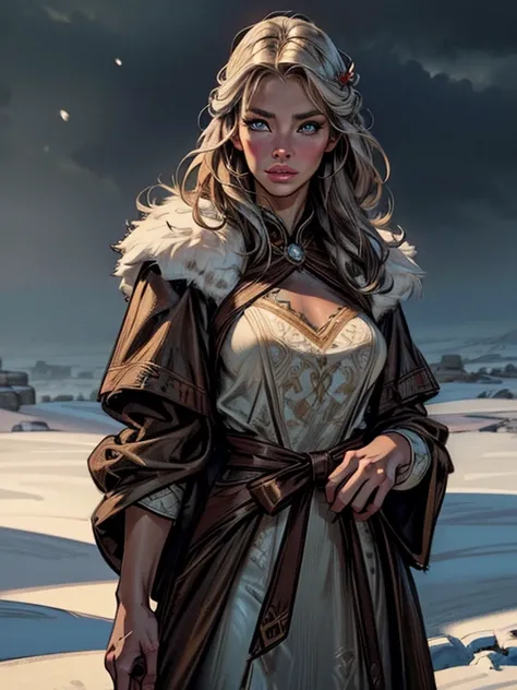 photorealistic, highly detailed, 1 woman, Aela the huntress, standing in a snowy field, dramatic lighting, beautiful detailed eyes, beautiful detailed lips, extremely detailed face and skin, long eyelashes, wearing fur clothing, holding a bow, snow on the ...