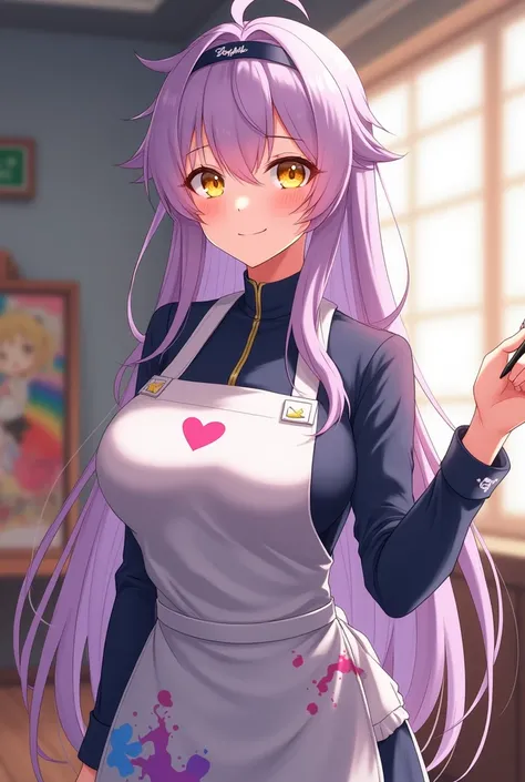 a beautiful girl, long soft lilac hair, amber eyes, big breasts, Estilo Genshin Impact, anime, Art teacher, teacher attire, paint stained apron, calm and smiling expression, yellow eyes 