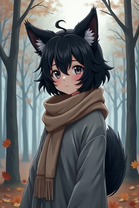 anime, teen girl, black fur, by the wide, gray clothes, scarf, autumn forest background