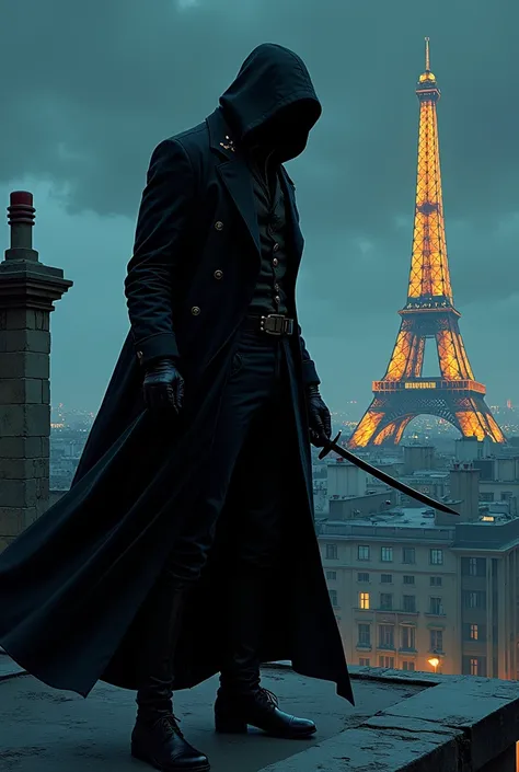 Assassin in France in 1890 at night with a dagger on top of a house with the Eiffel Tower in the background (manga style)