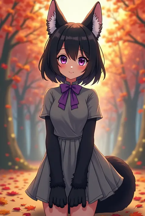 anime, teen girl, black fur, by the wide, gray clothes, purple bow, autumn forest background