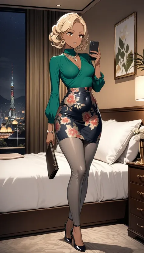 Beautiful 47y old woman with short curly blonde hair with brown eyes wearing Tight Grey Leggings, Sexy Criss Cross Mock Neck Mid Sleeves Dark Green Blouse With Red Floral Prints, luxurious jewelry and luxurious necklace, high heel shoes, standing in her be...