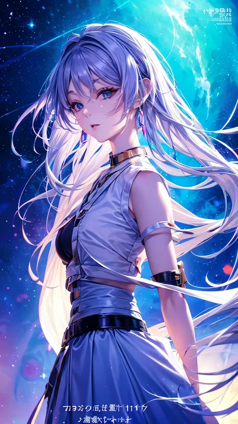 1 person, 20-year-old girl, One person, (Silver Hair), Long pointed ears(Gradient sky blue hair tip:1.6), hair, Ridiculously long hair, Single Side Lock, Wavy Hair, Shine髪, Floating Hair, (Fantastic deep purple eyes), Delicate eyes, Aqua Eye, Very fine eye...