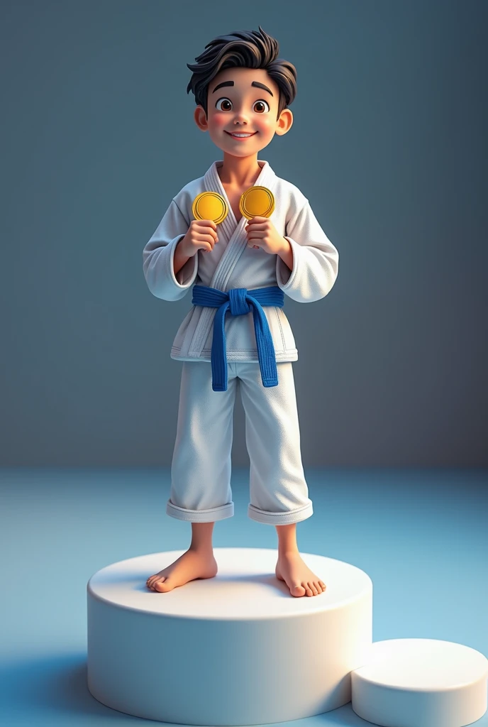 young man on podium 1,2,3rd place in karate blue belt holding 2 gold medals one in each hand 