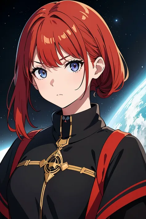 (high-quality, breathtaking),(expressive eyes, perfect face) 1girl, female, solo, teenager, short ponytail length hair, red hair color, multicolored hair, glowing hair, loose hair, wavy hair, light grey eyes color, soft expression, black cloak, black shirt...