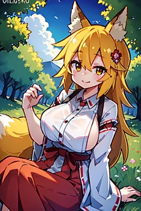 (Best Quality,4k,hight resolution,Masterpiece:1.2),detailed fox ears, multicolored flowers, field with beautiful trees, max detail, village, at home, Beautiful cloud, shy smile.very huge breast