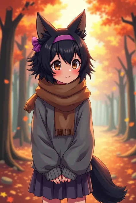 anime, teen girl, human, black fur, by the wide, gray clothes, purple bow on the head, brown scarf, autumn forest background