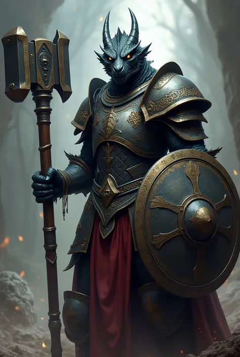 A DARK BLACK DRAGONBORN PALADIN WITH YELLOW EYES, WEARING FULL SCALE ARMOR AND WITH A WAR HAMMER IN HIS MAIN HAND AND SHIELD IN HIS OTHER HAND.