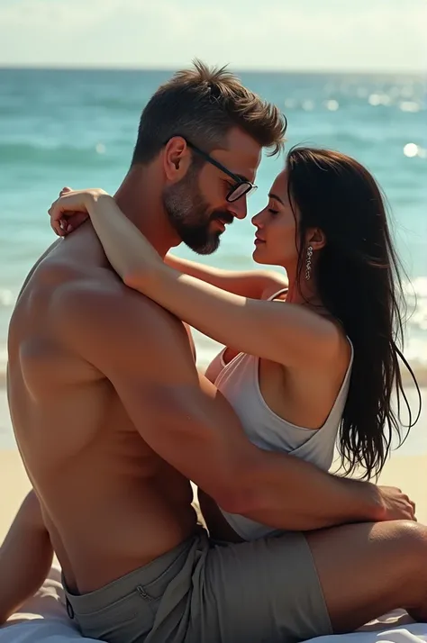 bearded man, with glasses 42 years old, with a muscular body.  woman with 25 long straight black hair, at beach. She&#39;s on his lap.