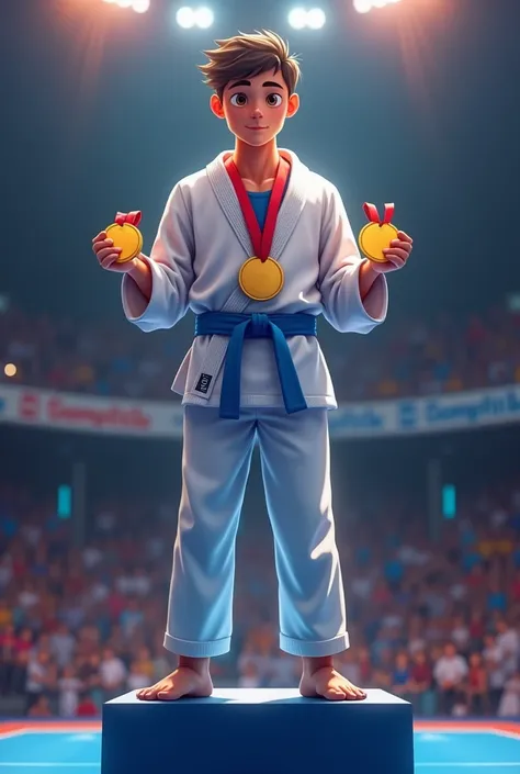 young man on podium 1,2,3rd place in karate blue belt holding 2 gold medals one in each hand 