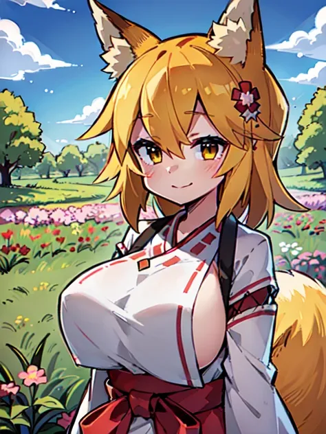 (Best Quality,4k,hight resolution,Masterpiece:1.2),detailed fox ears, multicolored flowers, field with beautiful trees, max detail, village, at home, Beautiful cloud, shy smile.very huge breast, tall, mature female