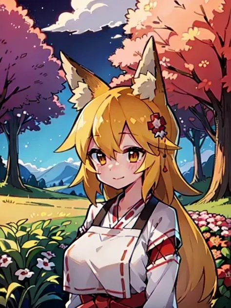 (Best Quality,4k,hight resolution,Masterpiece:1.2),detailed fox ears, multicolored flowers, field with beautiful trees, max detail, village, at home, Beautiful cloud, shy smile.very huge breast, tall, mature female