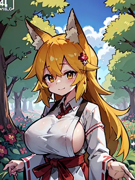 (Best Quality,4k,hight resolution,Masterpiece:1.2),detailed fox ears, multicolored flowers, field with beautiful trees, max detail, village, at home, Beautiful cloud, shy smile.very huge breast, tall, mature female