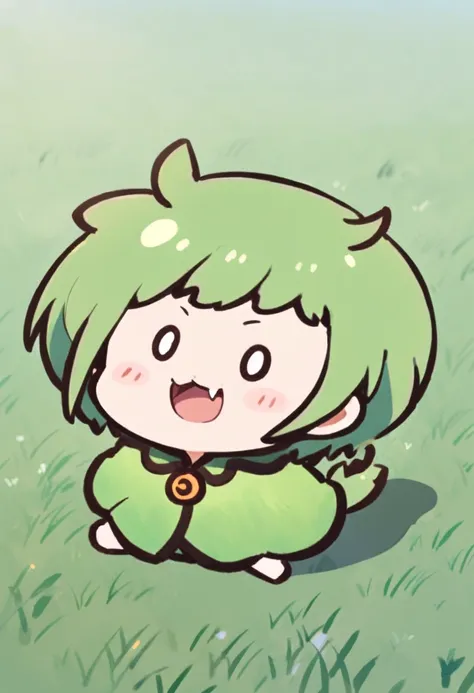 (((tkw))), (zndmn), solo, Full body shot, chibi, green hair, short hair, green clothing, smile, outdoors, field, tail, open mouth, big fang