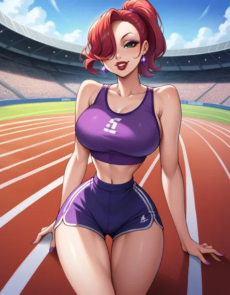 score_9, score_8_up, score_7_up, score_6_up, score_5_up, score_4_up, BREAK, source_anime, 1girl, red hair, long hair, hair over one eye, green eyes, lipstick, makeup, earrings, competition sports, (purple tank top:1.5), (large purple short:1.5), (on the tr...