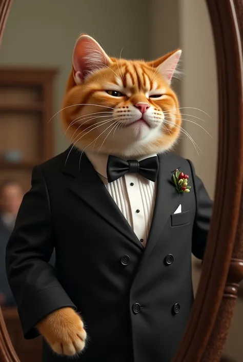 (an orange), (chubby cat:1.3),( dressed in a classic black tuxedo with a bow tie1.4), looks excitedly at his reflection in a mirror. The scene includes a montage of prom preparations, showcasing cat’s orange fur and chubby build in a refined and elegant st...