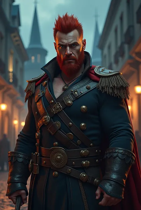 the best quality, very high resolution, detailed 4K CG, artwork, man, red military style hair, close beard, medieval city, night, beautiful aesthetic, Beautiful image, centered on screen, buccaneers clothing, axe, not too thin