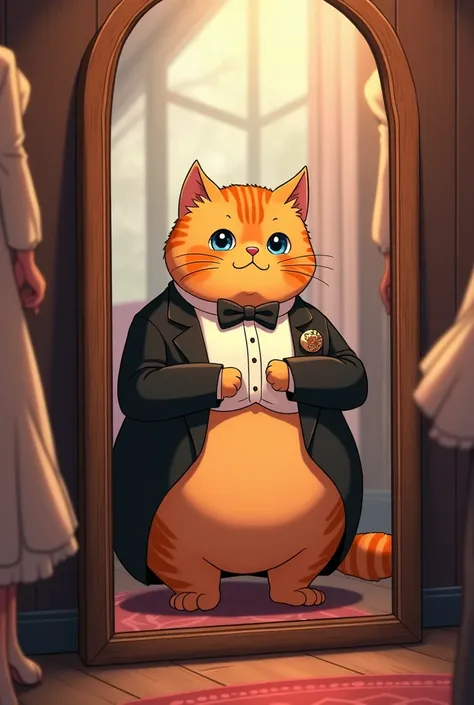 Anime style,(an orange), (chubby cat:1.3),( dressed in a classic black tuxedo with a bow tie1.4), looks excitedly at his reflection in a mirror. The scene includes a montage of prom preparations, showcasing cat’s orange fur and chubby build in a refined an...