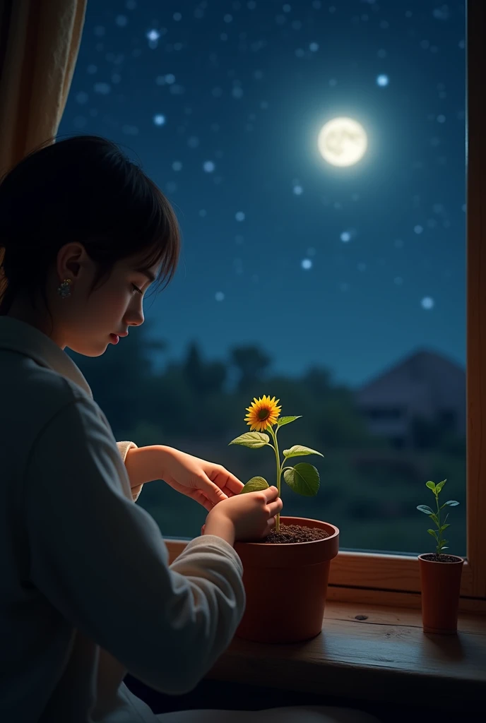 (photorealism:1.2), planting a sunflower seed, in a pot, in the night, in first person, 