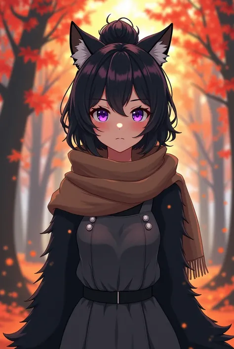 anime, teen girl, human, black fur, by the wide, gray clothes, bun on the head, brown scarf, purple eyes autumn forest background