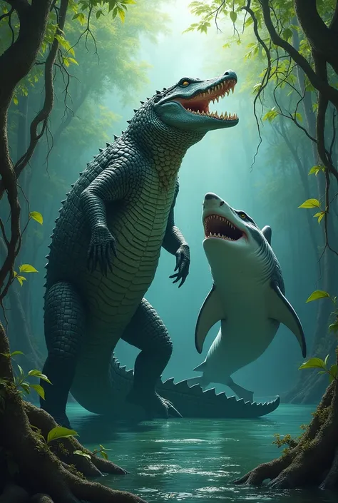 A crocodile and a shark are allies 