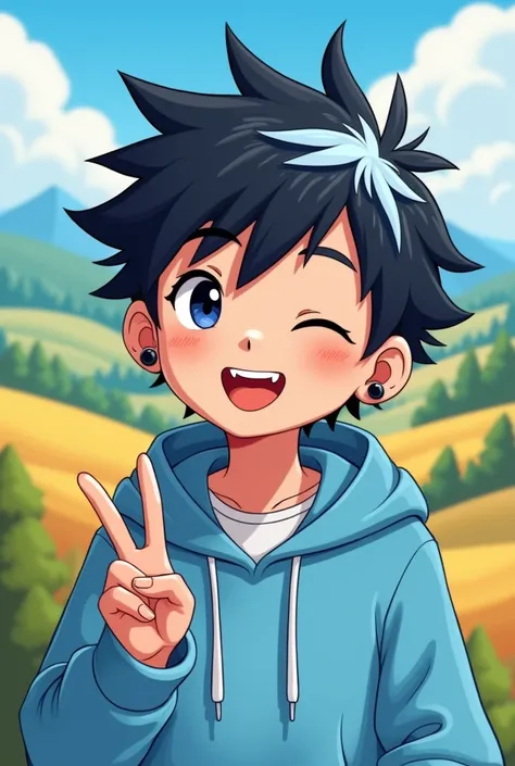 A discord profile picture of a boy with black hair with a white and blue streak and a light blue hoodie with black eyes with a hood with low fade hair with a cartoon style valley background with a smile and with his eyes closed and a blue streak and a medi...