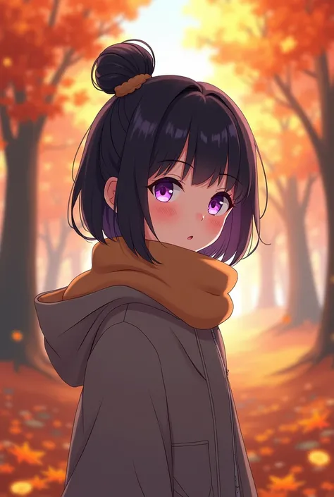 anime, teen girl, human, black fur, by the wide, gray clothes, bun on the head, brown scarf, purple eyes autumn forest background