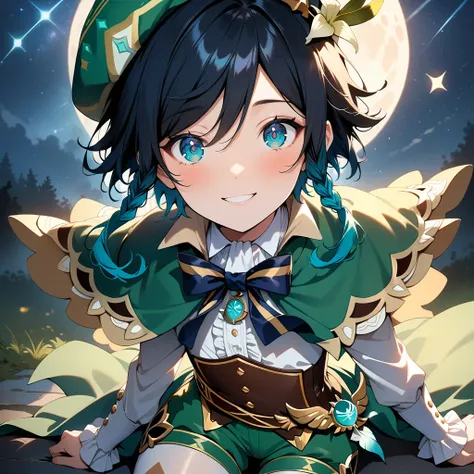 (best quality,4k,8k,highres,masterpiece:1.2),1boy,venti_(genshin_impact),(face focus,detailed face and clear eyes),flat chest,realistic:.5,night time,ladyshadow,bluegreen eyes,mysterious smile,green cape,white long sleeved shirt,leather corset,(puffy green...