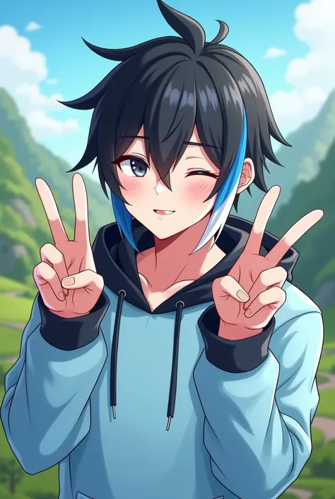 A discord profile picture of a man with black hair with a white and blue streak and a light blue hoodie with black eyes with a hood with low fade hair with a cartoon style valley background with a smile and with his eyes closed and a blue streak and a medi...