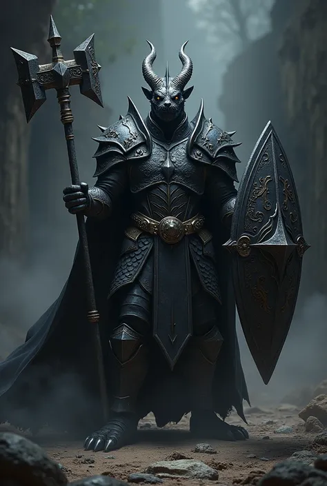 A DARK BLACK DRAGONBORN PALADIN WITH YELLOW EYES, LONG CURVED HORNS, WEARING FULL SCALE ARMOR AND WITH A WAR HAMMER IN HIS MAIN HAND AND SHIELD IN HIS OTHER HAND.