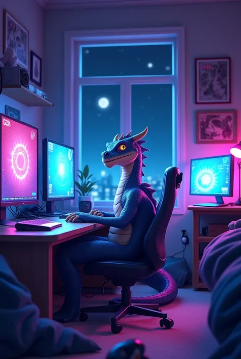 An animated dragon is in its bedroom, surrounded by multiple computers and tech gadgets. The room is illuminated with vibrant neon lights in shades of blue, purple, and pink, creating a futuristic and cozy atmosphere. Through the window, you can see its ni...