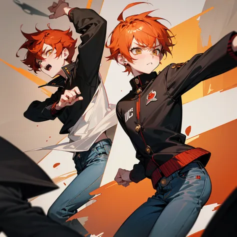 anime boy, short boy, , orange hair, yellow eyes small, cute, short hair, boy, small, long sleeve, hair with bangs, dark colors

(*Im Elliot, a short boy with 53, I wear a black oversized jacket, with gay flag pin,over a black and red striped shirt, jeans,...