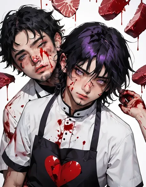 boy with messy black hair, purple highlights, shiny black eyes, long eyelashes, bruises and wounds on face and hands, moderately...