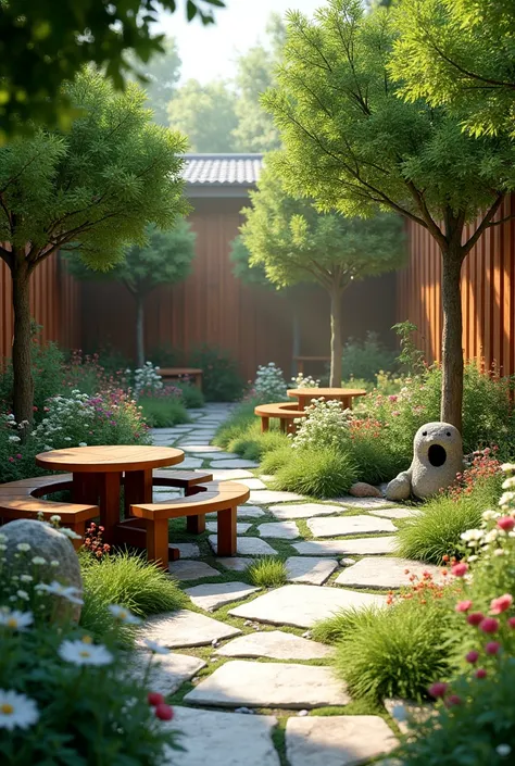 gardens e Áreas de Convivência:**
   - **gardens:** Stone paths winding through manicured gardens, with small fountains and various flowers.
   - **Rest areas:** Wooden tables and chairs arranged under trees, creating cozy living spaces.
With a wooden wall...