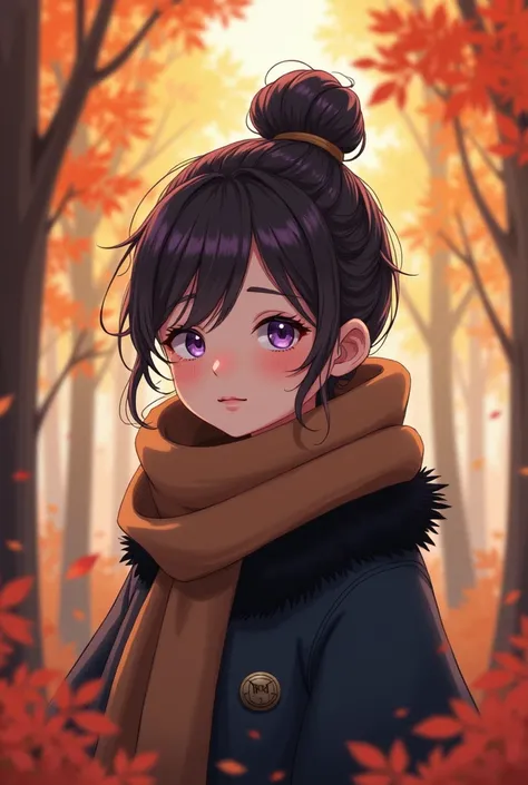 anime, teen girl, human, black fur, by the wide, gray clothes, bun on the head, brown scarf, purple eyes autumn forest background